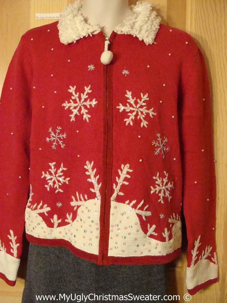 Tacky Christmas Sweater Party Ugly Red Christmas Sweater  with Pom Pom Zipper Pull (f960)