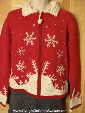 Tacky Christmas Sweater Party Ugly Red Christmas Sweater  with Pom Pom Zipper Pull (f960)