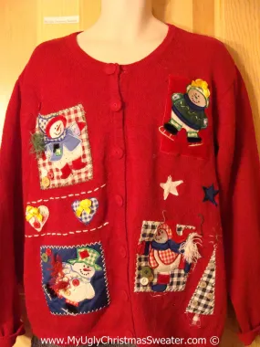 Tacky Plaid Themed Christmas Sweater Party Ugly Sweater with Skating Snowmen on Front and Back (f870)