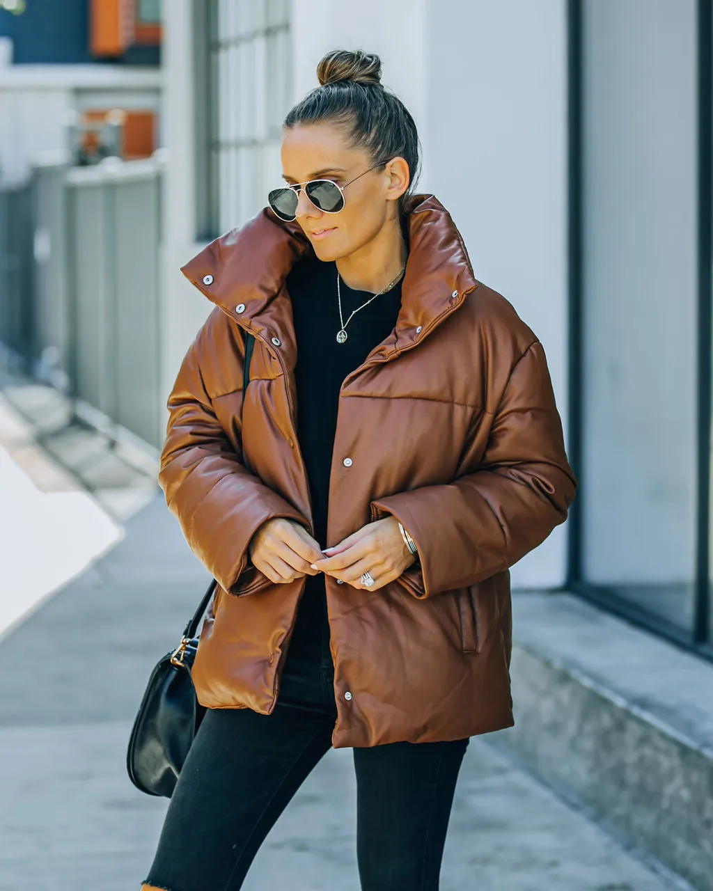 TastyHottie - Cade Pocketed Faux Leather Puffer Jacket - Brown
