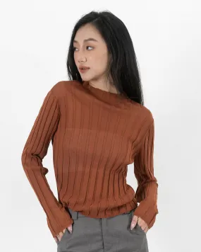 Turtleneck Sheer Ribbed Knit Top (Rust)