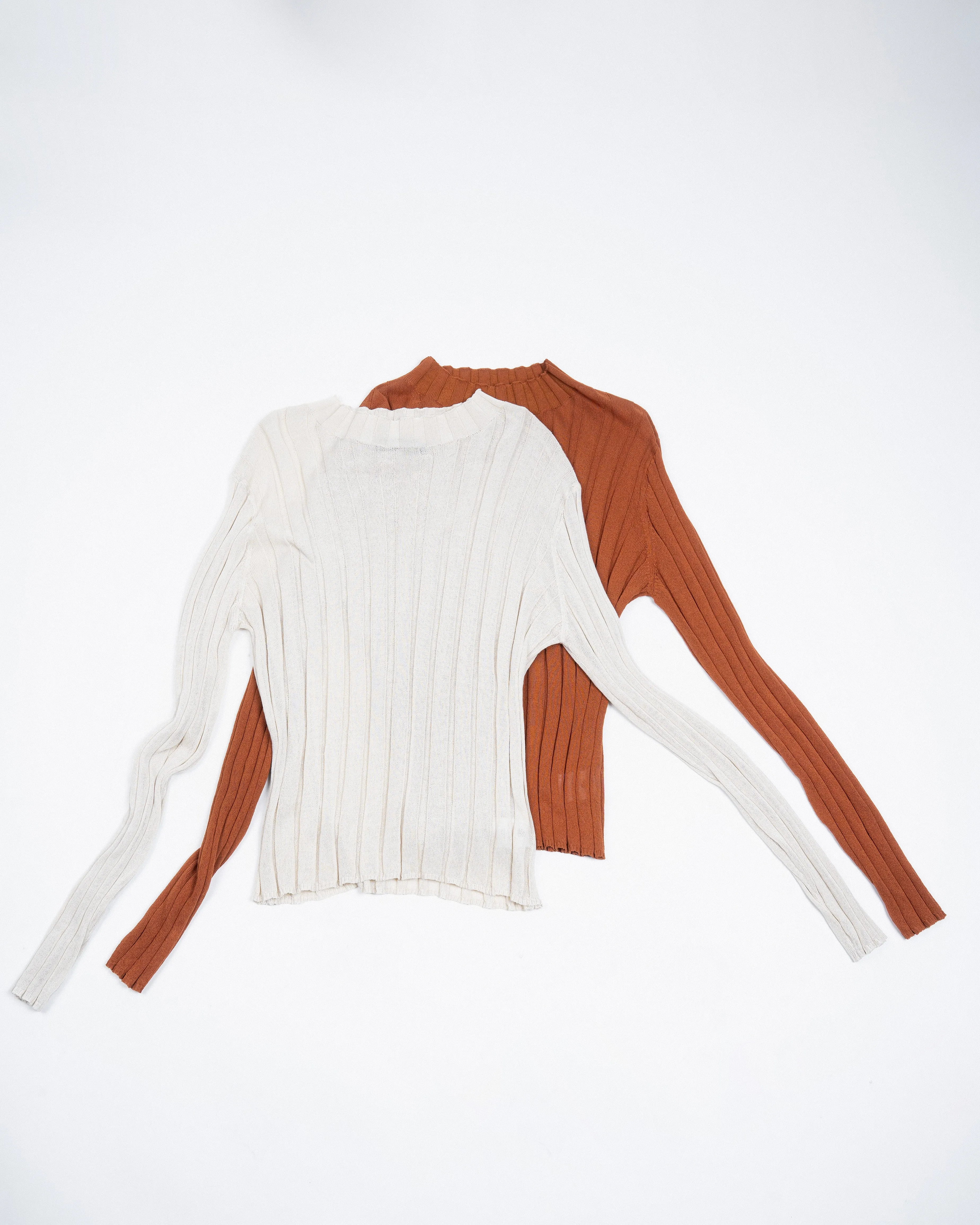 Turtleneck Sheer Ribbed Knit Top (Rust)