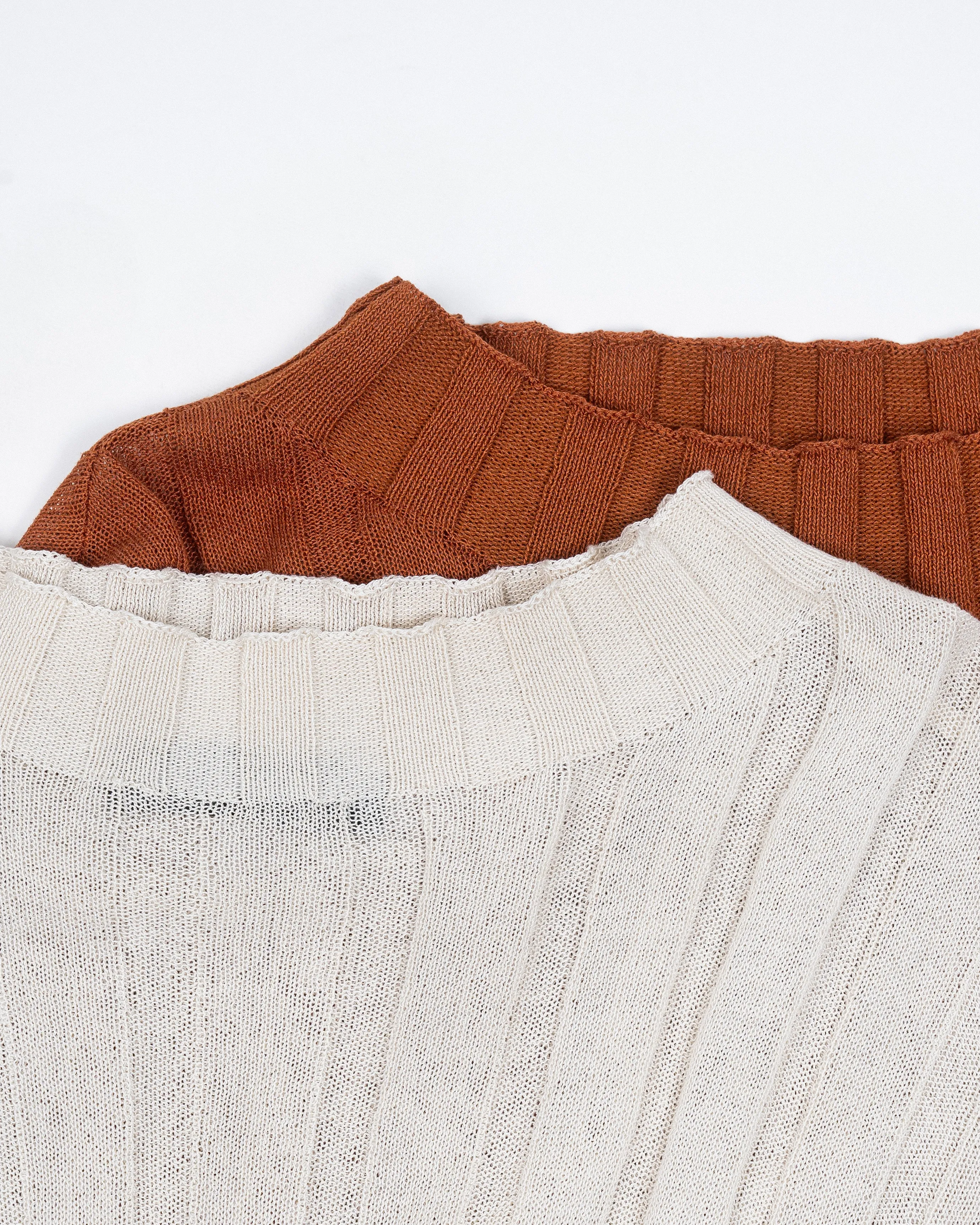 Turtleneck Sheer Ribbed Knit Top (Rust)