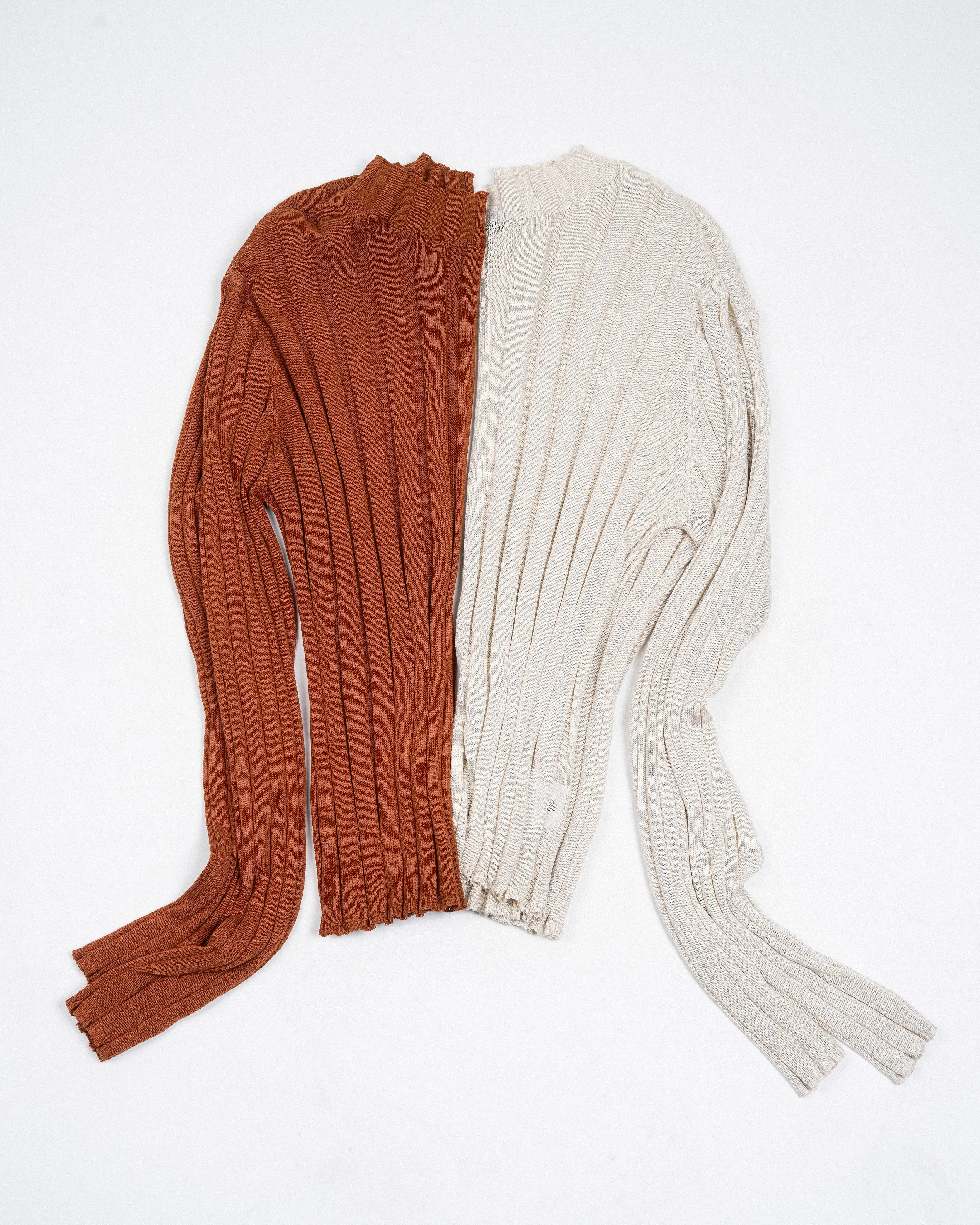 Turtleneck Sheer Ribbed Knit Top (Rust)
