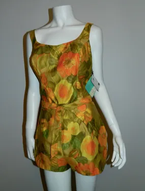 vintage 1960s floral ROMPER swimsuit / Sea Stars Sears bathing suit playsuit New With Tags 38