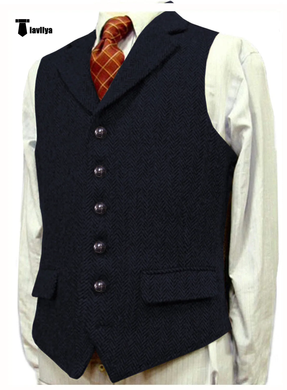 Vintage Classical Men's Classic Tweed Herringbone Notch Lapel Waistcoat
