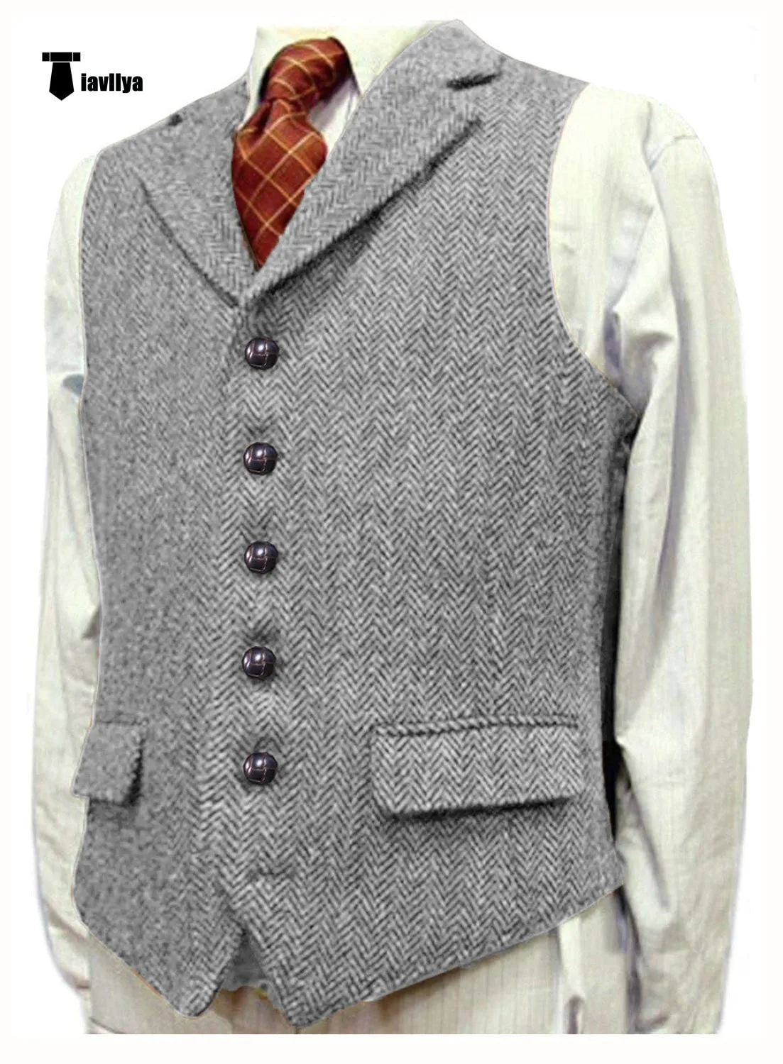 Vintage Classical Men's Classic Tweed Herringbone Notch Lapel Waistcoat