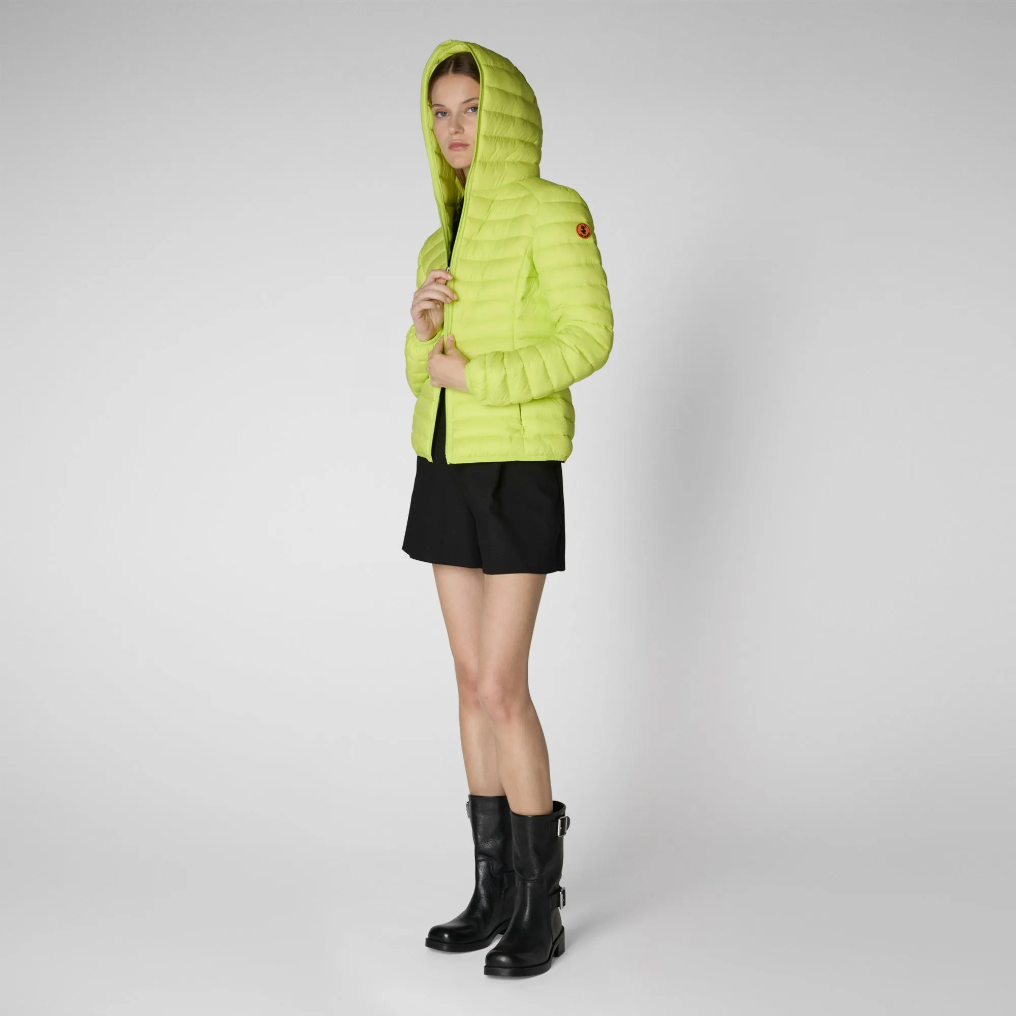 Woman's animal free hooded puffer jacket Daisy in lichen green