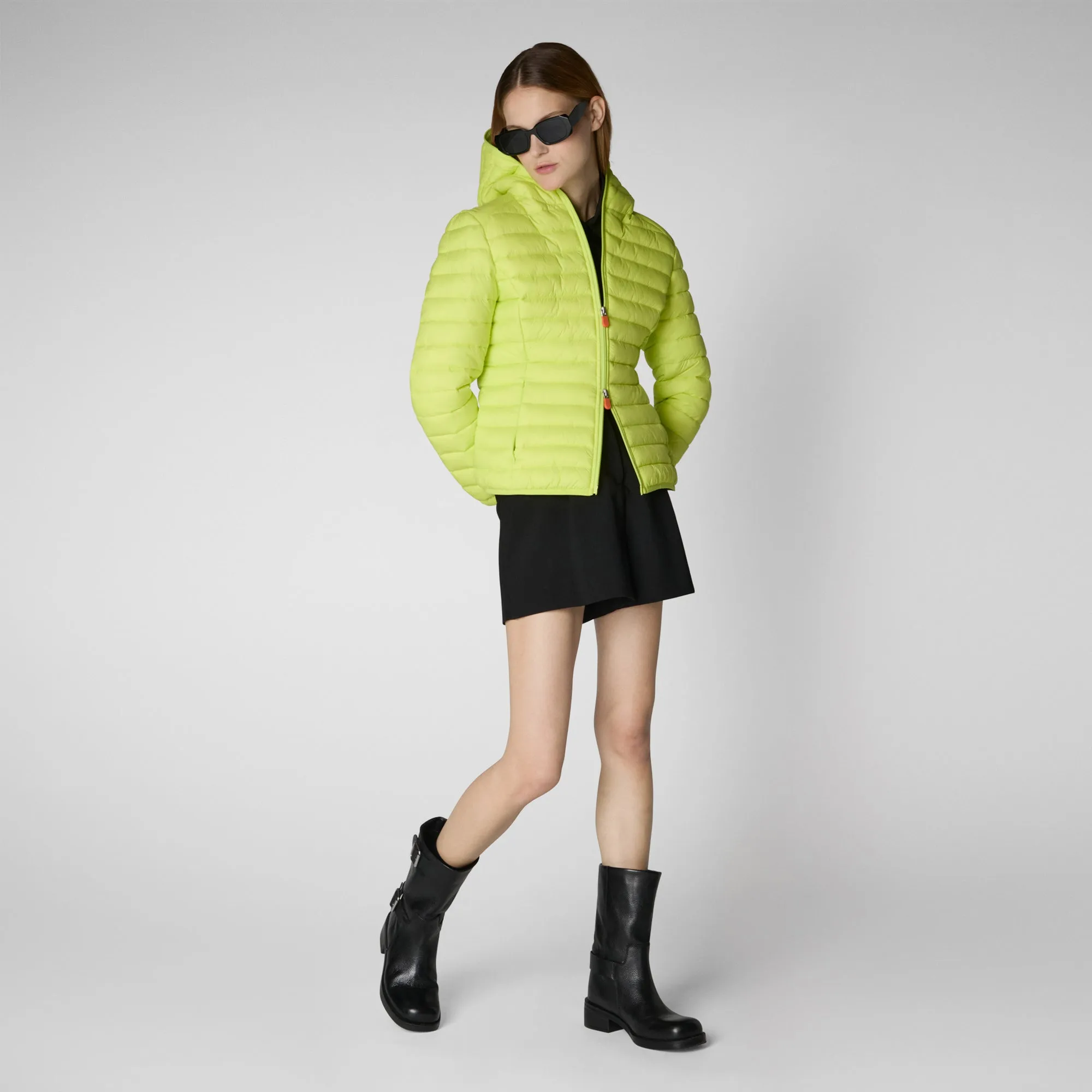 Woman's animal free hooded puffer jacket Daisy in lichen green
