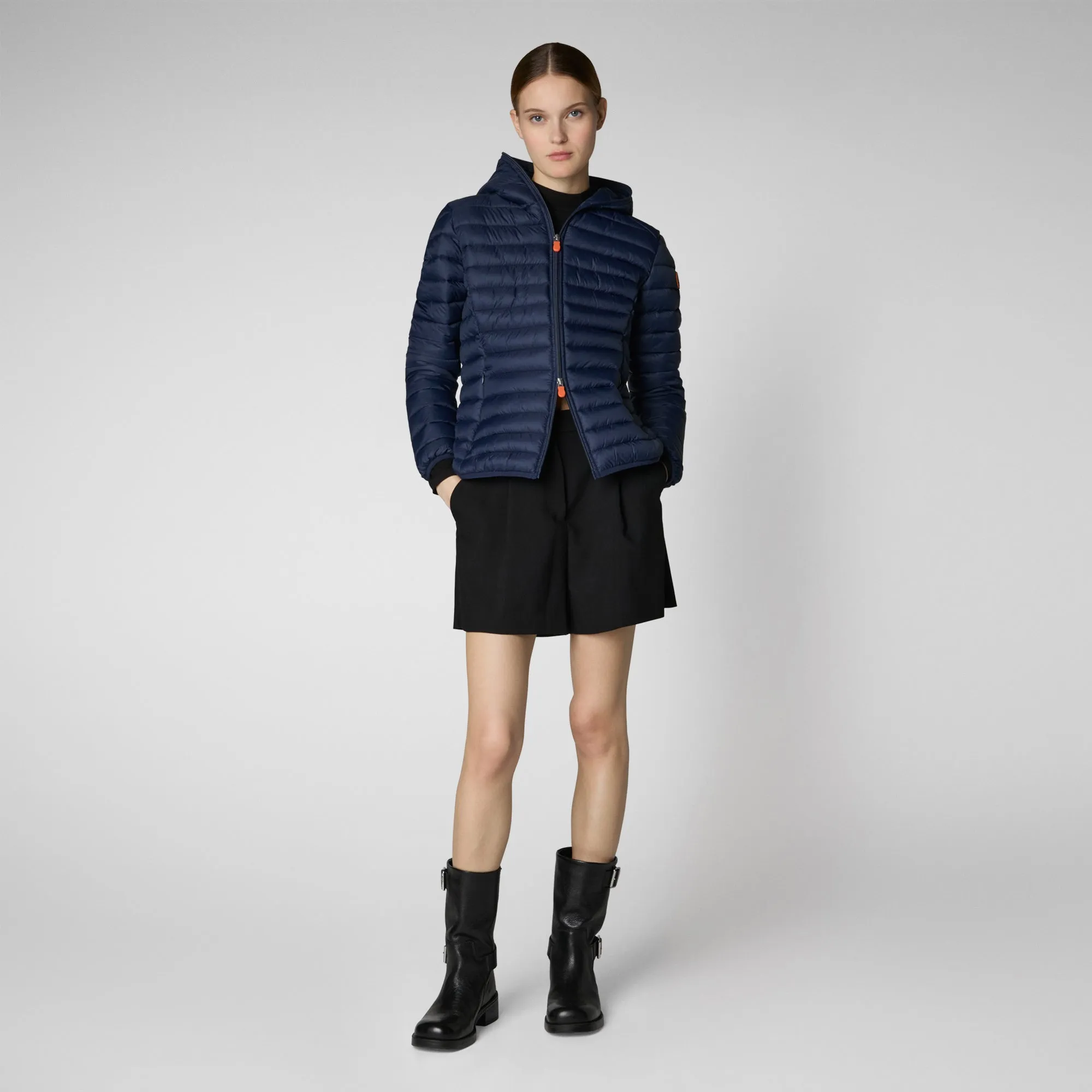 Woman's animal free hooded puffer jacket Daisy in navy blue