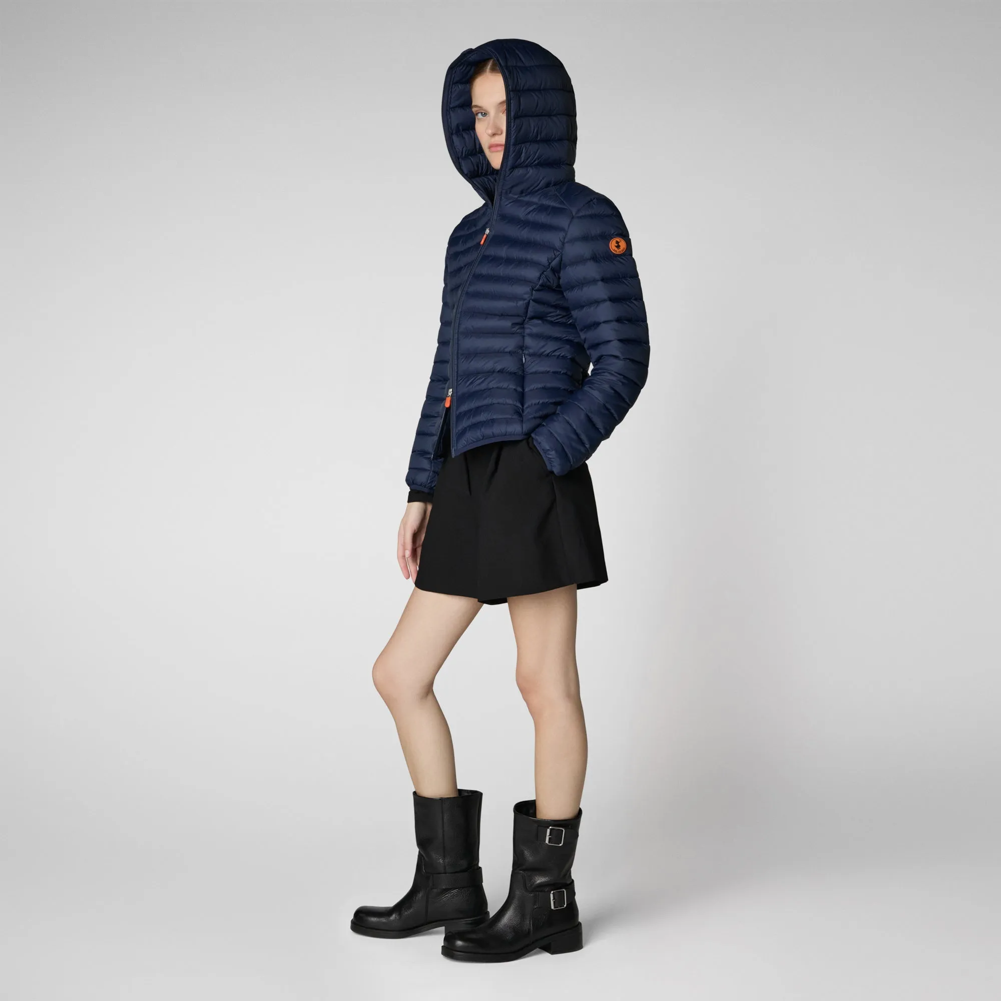 Woman's animal free hooded puffer jacket Daisy in navy blue