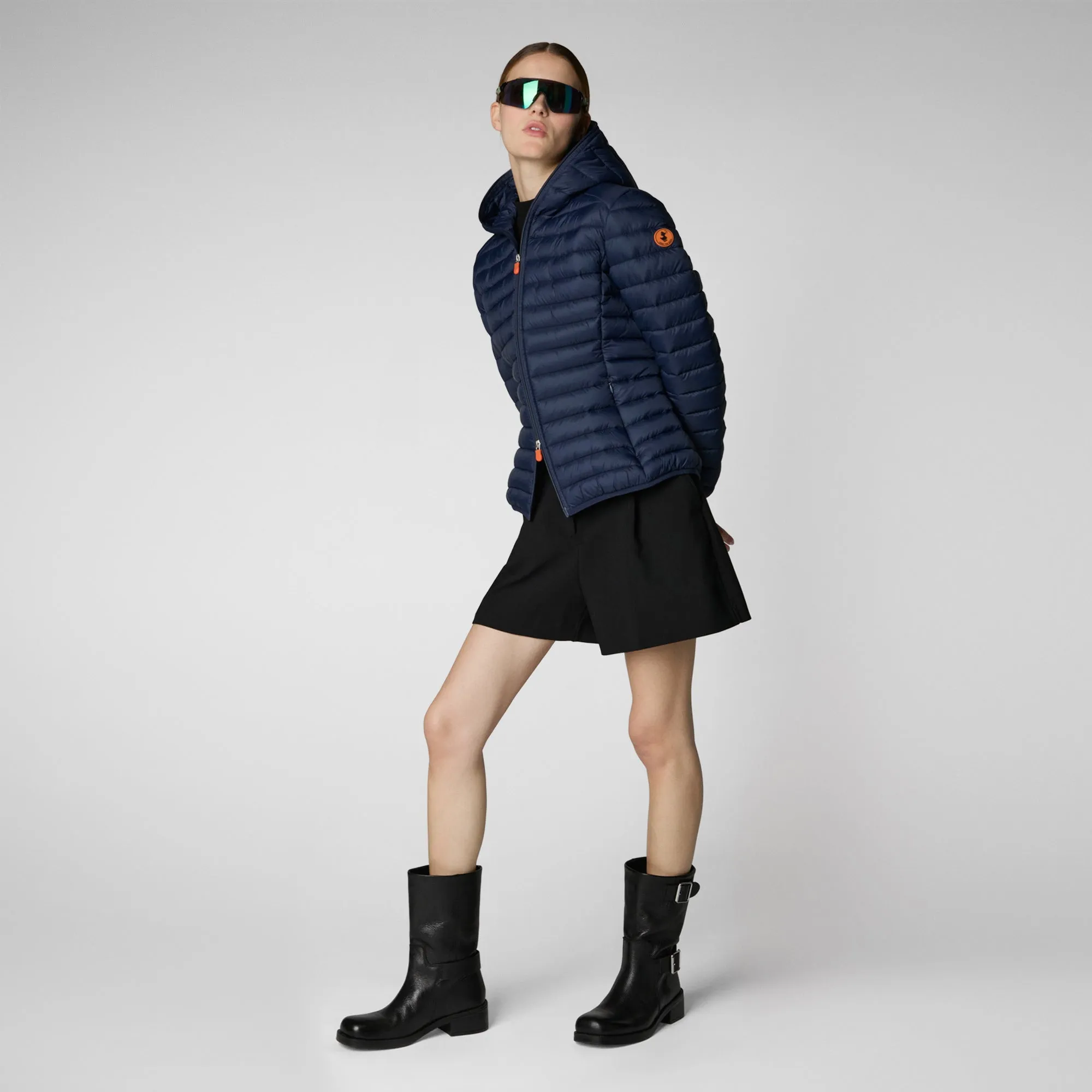Woman's animal free hooded puffer jacket Daisy in navy blue