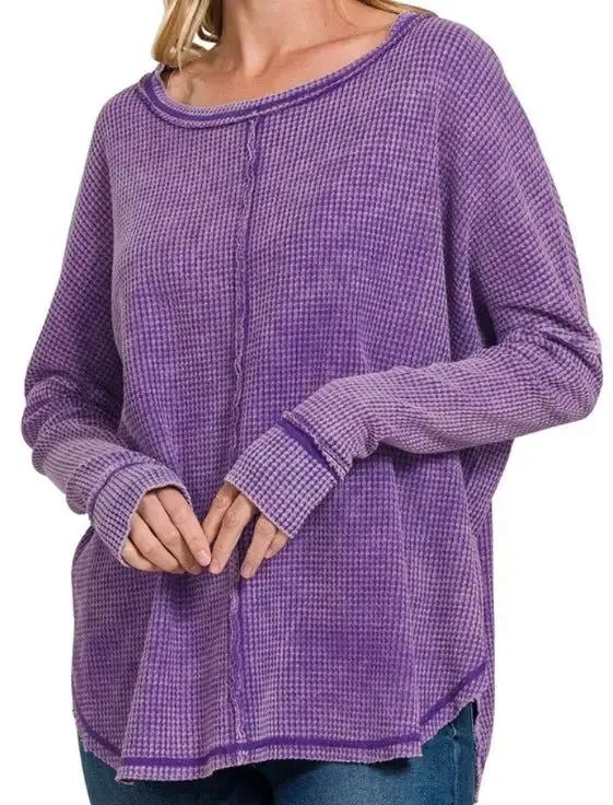 Women's Washed Waffle Back-stitched Long-sleeved Sweatshirt