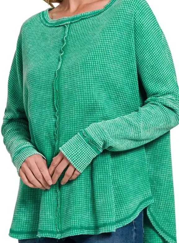 Women's Washed Waffle Back-stitched Long-sleeved Sweatshirt