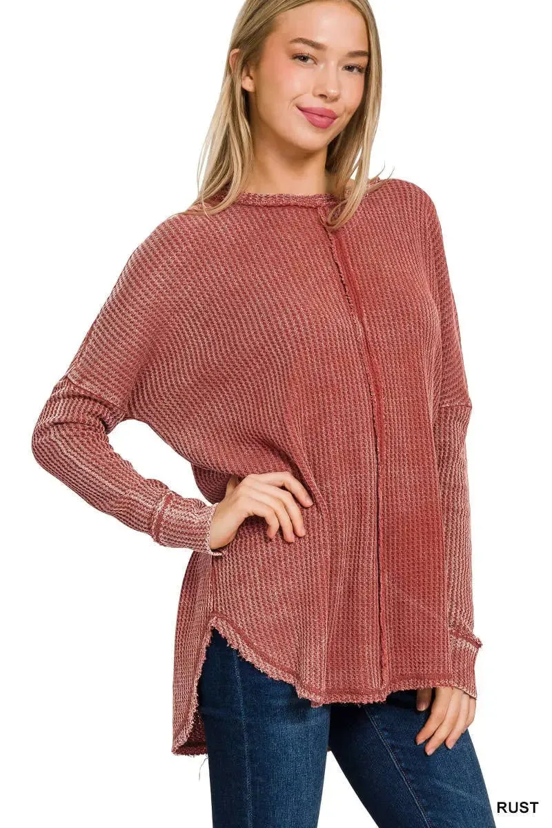 Women's Washed Waffle Back-stitched Long-sleeved Sweatshirt