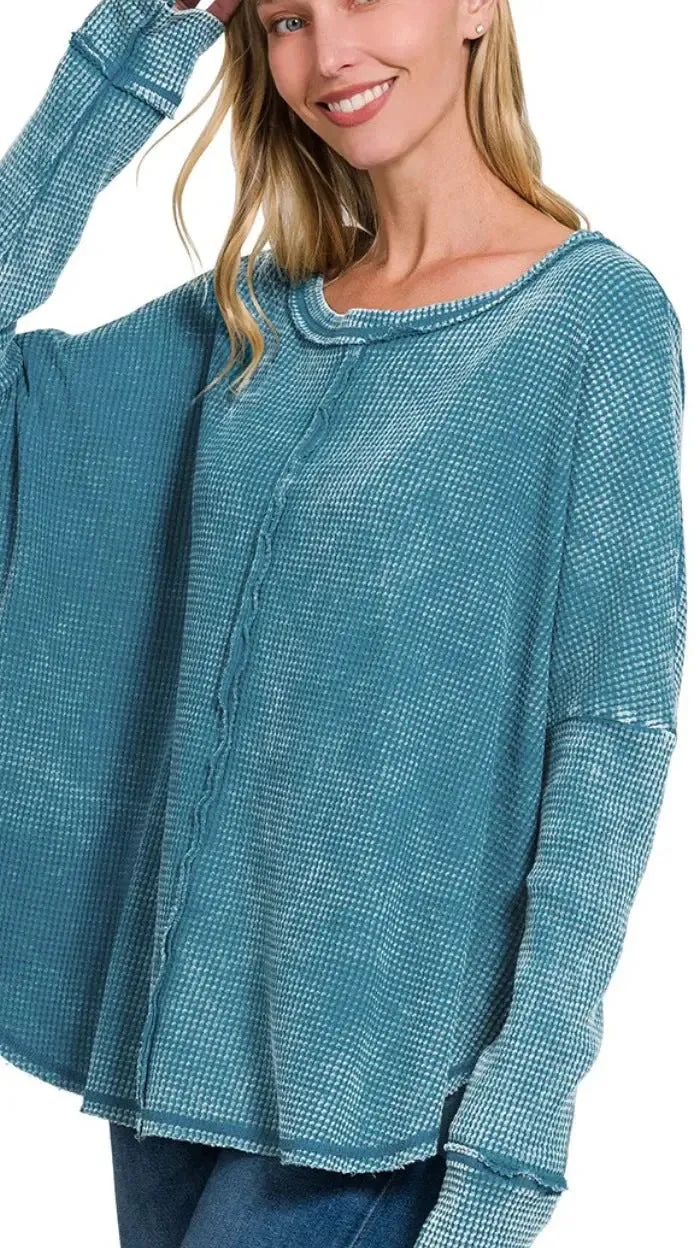 Women's Washed Waffle Back-stitched Long-sleeved Sweatshirt