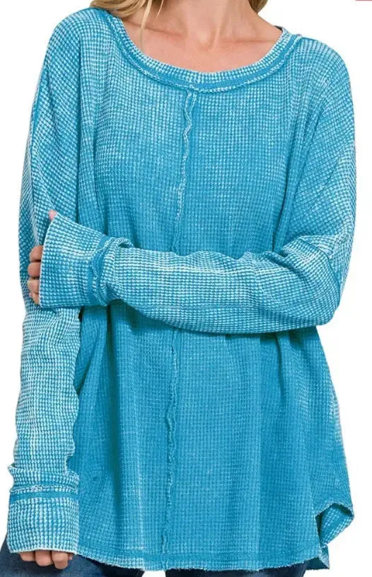 Women's Washed Waffle Back-stitched Long-sleeved Sweatshirt
