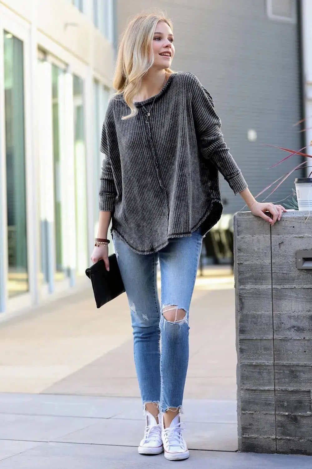 Women's Washed Waffle Back-stitched Long-sleeved Sweatshirt