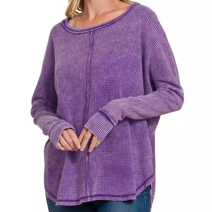 Women's Washed Waffle Back-stitched Long-sleeved Sweatshirt