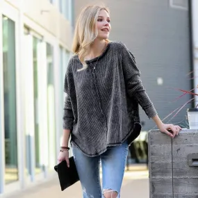 Women's Washed Waffle Back-stitched Long-sleeved Sweatshirt
