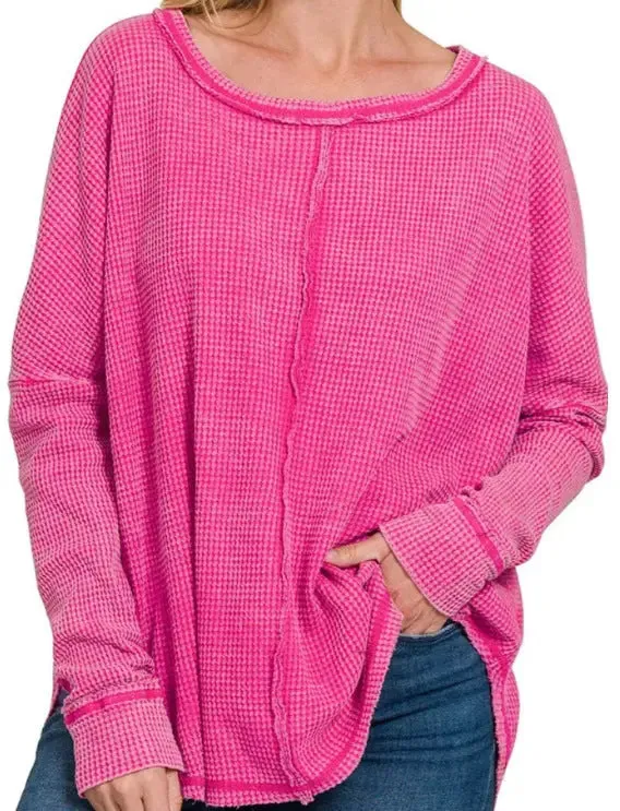Women's Washed Waffle Back-stitched Long-sleeved Sweatshirt