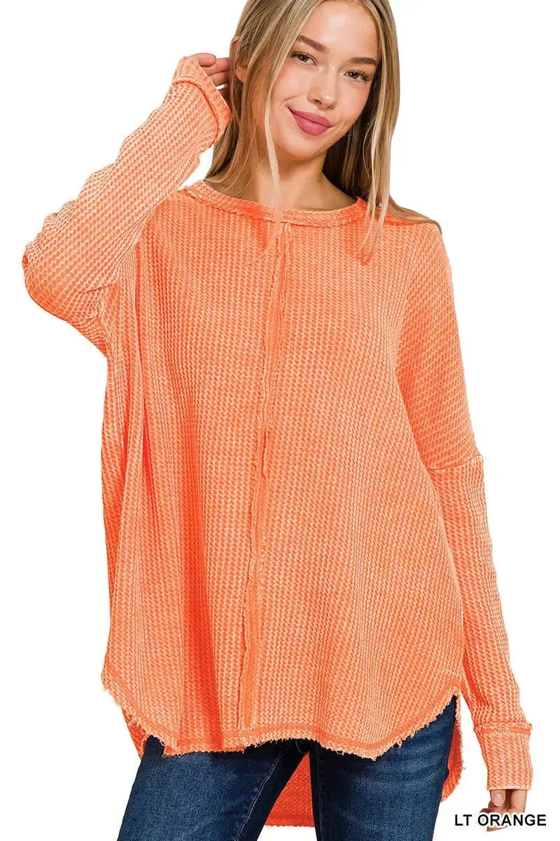 Women's Washed Waffle Back-stitched Long-sleeved Sweatshirt