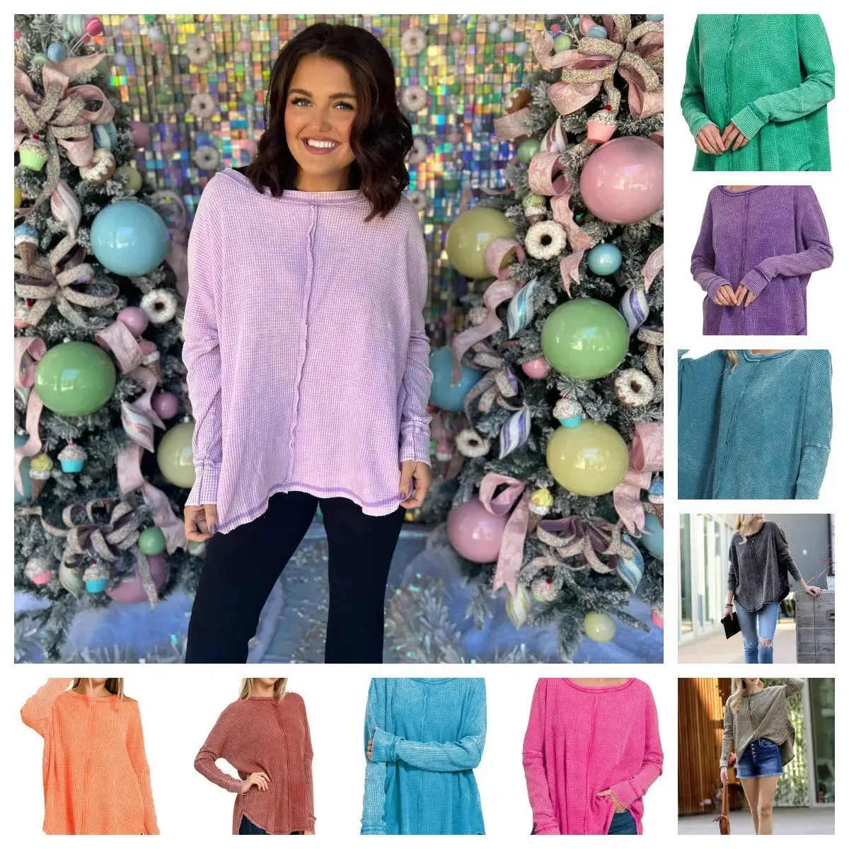 Women's Washed Waffle Back-stitched Long-sleeved Sweatshirt